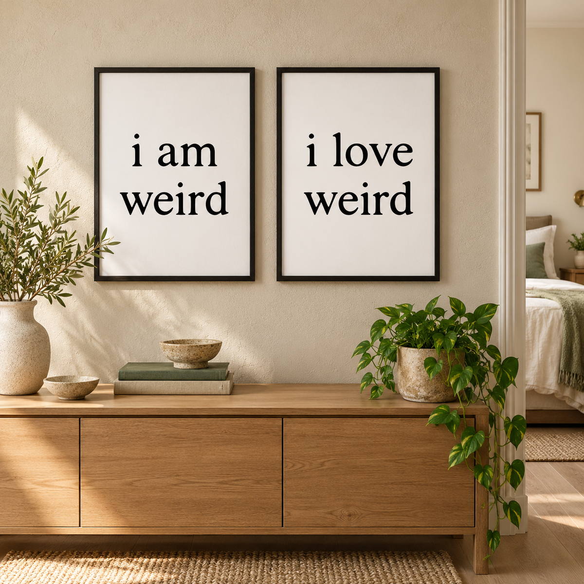 I Am Weird I Love Weird - Set Of 2 Prints — wider room setting, black oak frame