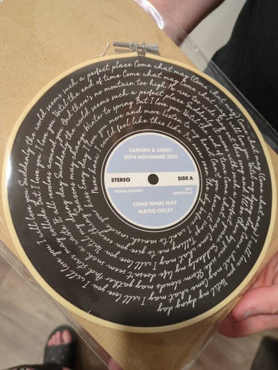 Customer photo — Personalised Song Lyrics Vinyl Record Cotton Canvas Circular Frame