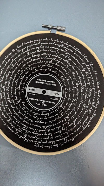 Customer photo — Personalised Song Lyrics Vinyl Record Cotton Canvas Circular Frame
