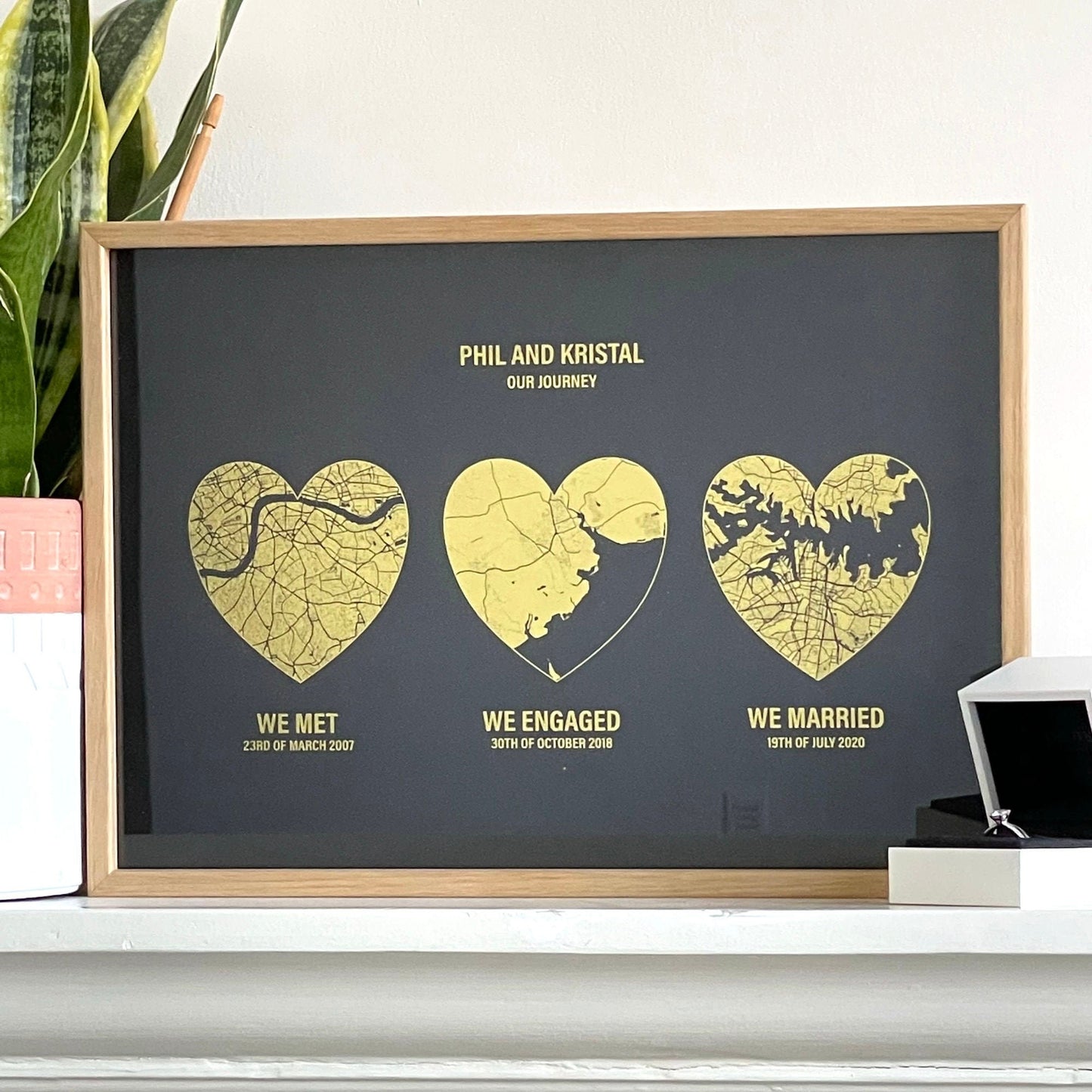 Custom Heart Maps Gold Foil Print | Any 3 Locations | Personalised Anniversary Gift