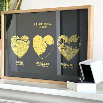 Custom Heart Maps Gold Foil Print | Any 3 Locations | Personalised Anniversary Gift