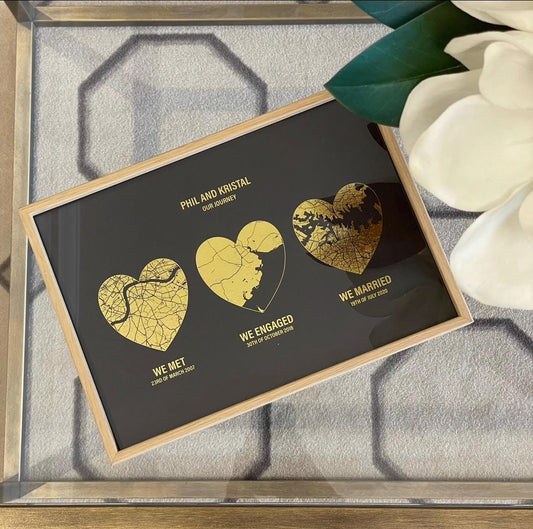 Custom Heart Maps Gold Foil Print | Any 3 Locations | Personalised Anniversary Gift