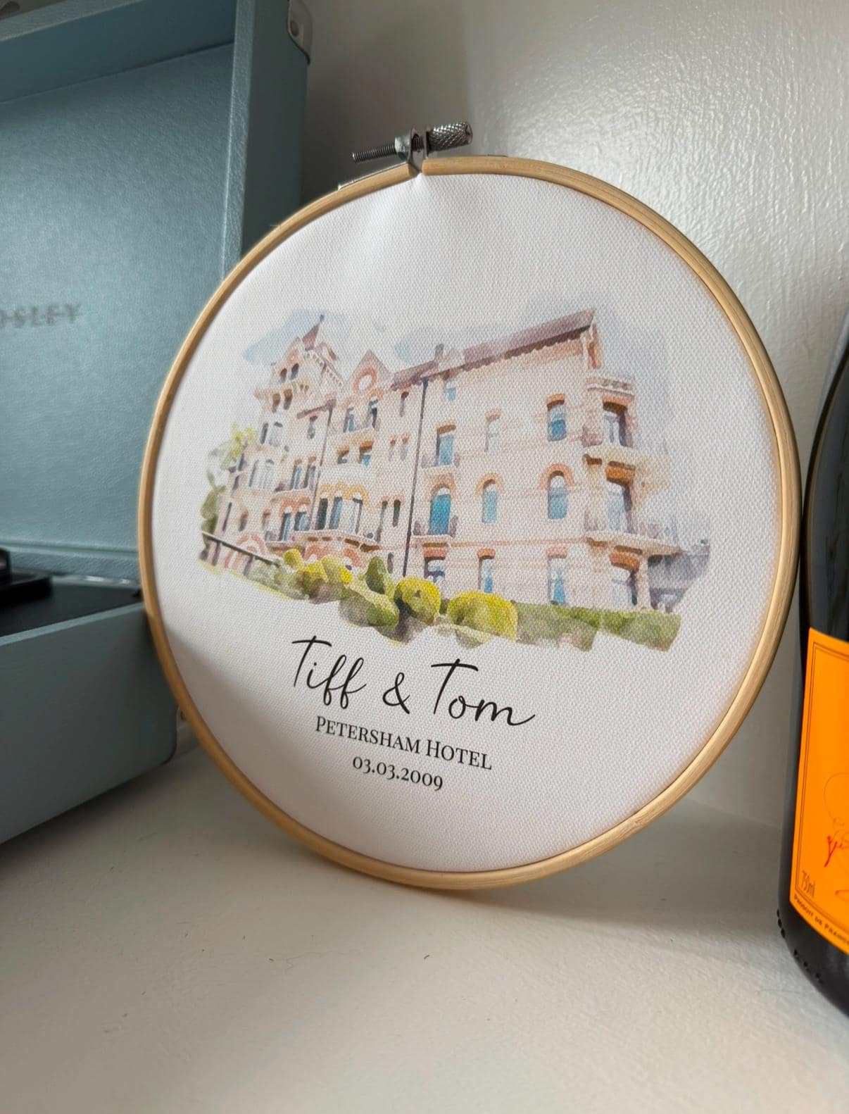 Personalised Watercolour Wedding Venue Painting | Cotton Canvas Embroidery Hoop