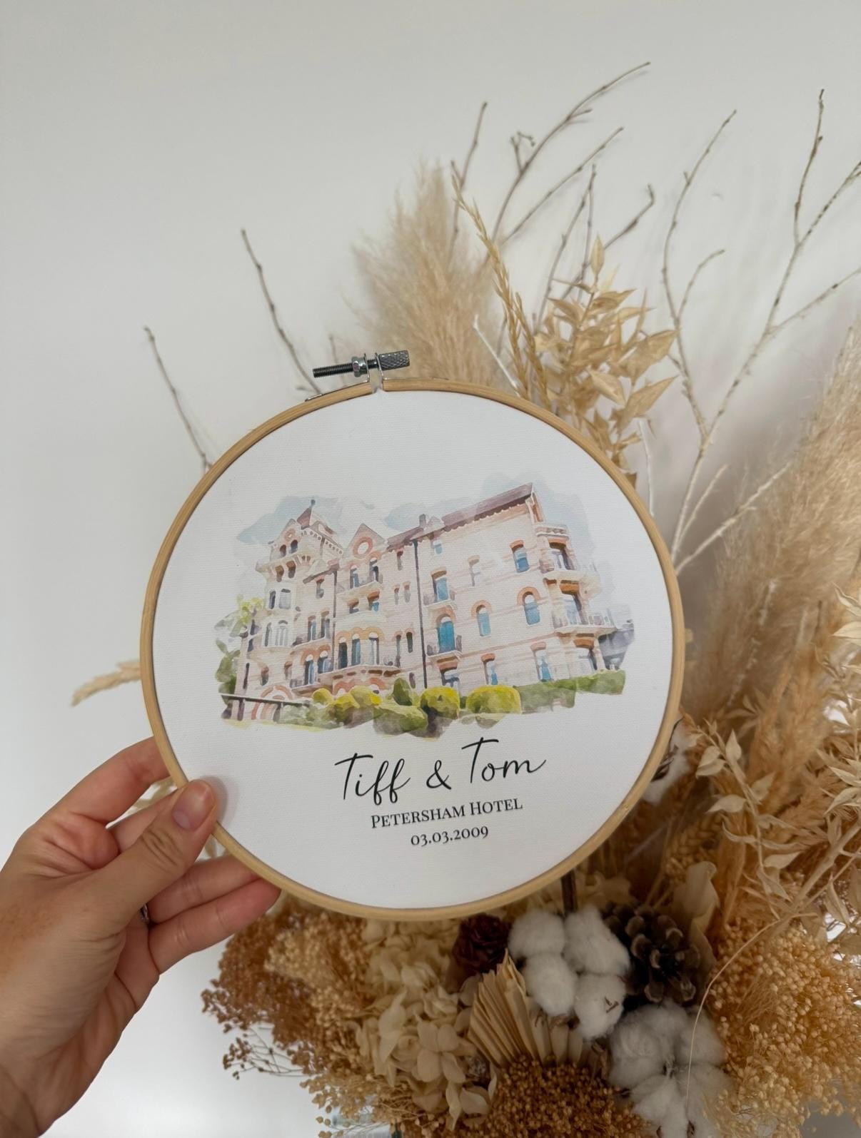 Personalised Watercolour Wedding Venue Painting | Cotton Canvas Embroidery Hoop