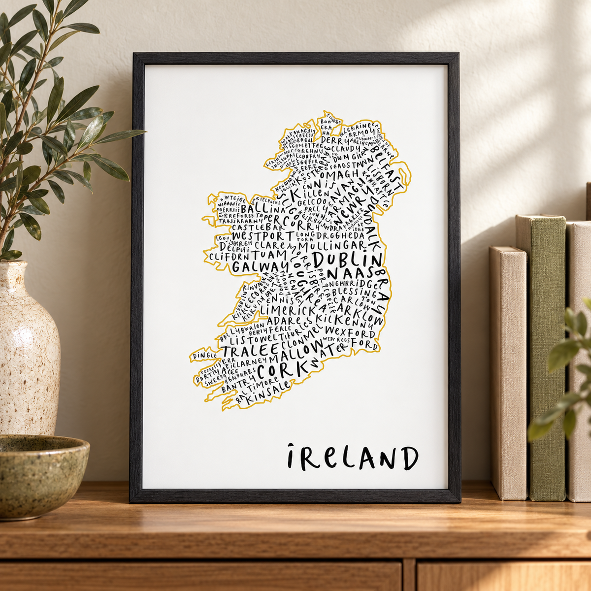 Ireland Typography Map Print — close lifestyle view, black oak frame