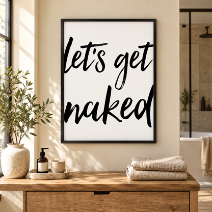 Lets Get Naked Print — wider room setting, black oak frame