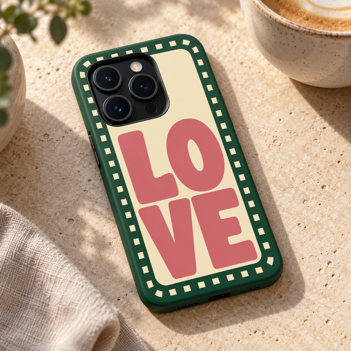 Love Original Protective Case, matte, on iPhone 15 Pro in an illustrative lifestyle setting.