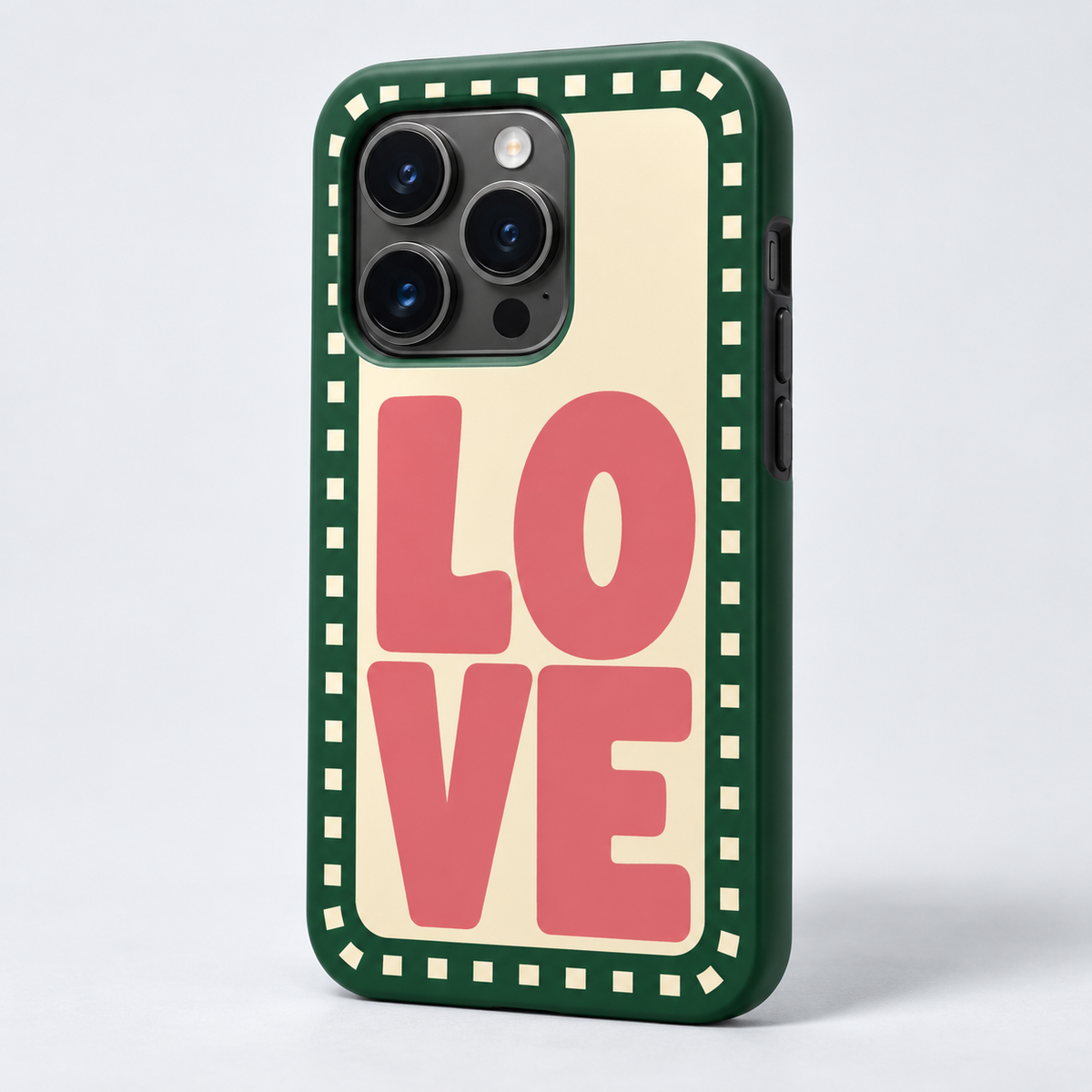 Love Original Protective Case, matte, on iPhone 15 Pro. Digital product preview.