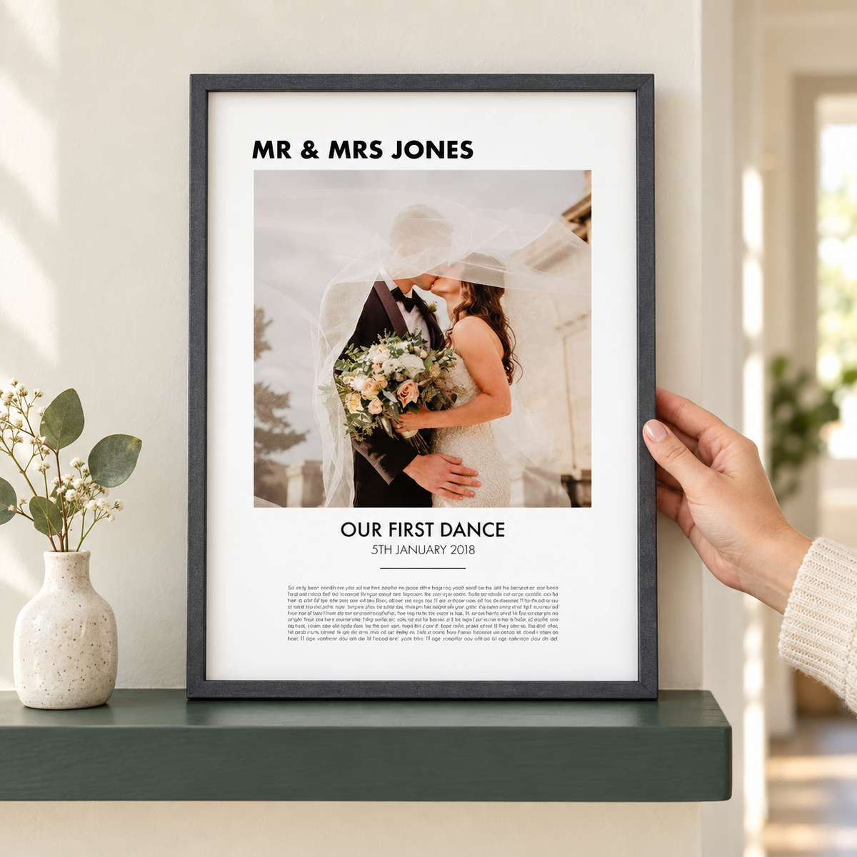 Personalised Song Lyrics And Photo Printed On Cotton — close lifestyle view