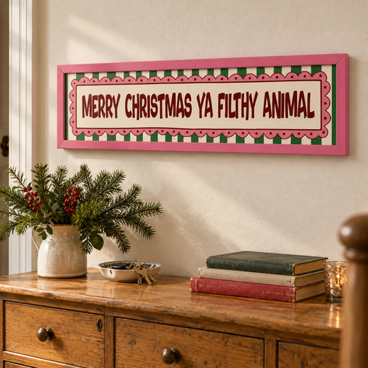 Merry Christmas Ya Filthy Animal Panoramic Print — lifestyle pink 60x15