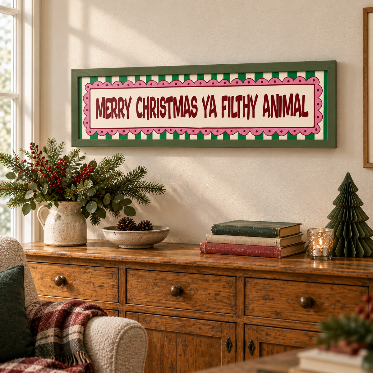 Merry Christmas Ya Filthy Animal Panoramic Print — lifestyle green 100x25