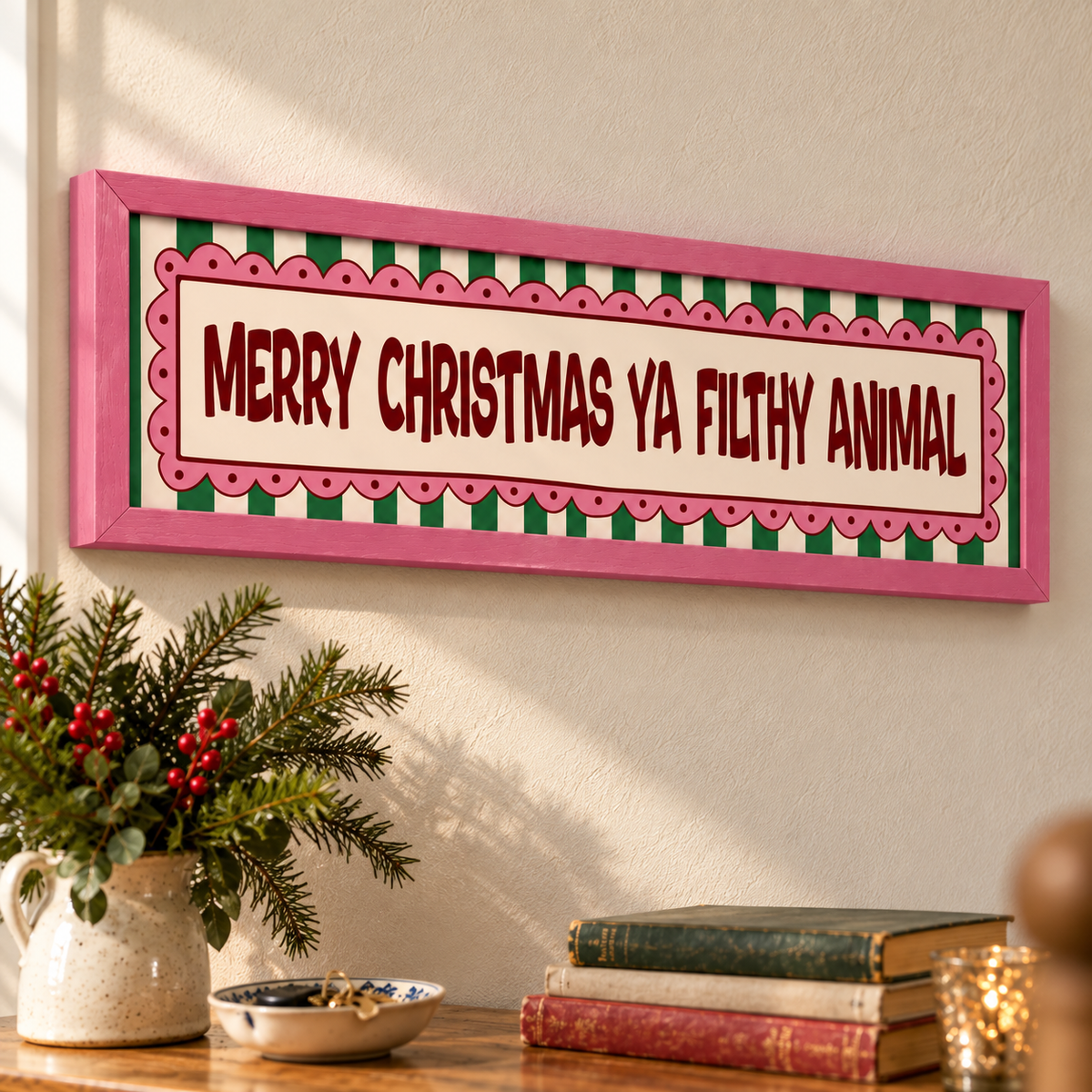 Merry Christmas Ya Filthy Animal Panoramic Print — angled pink detail