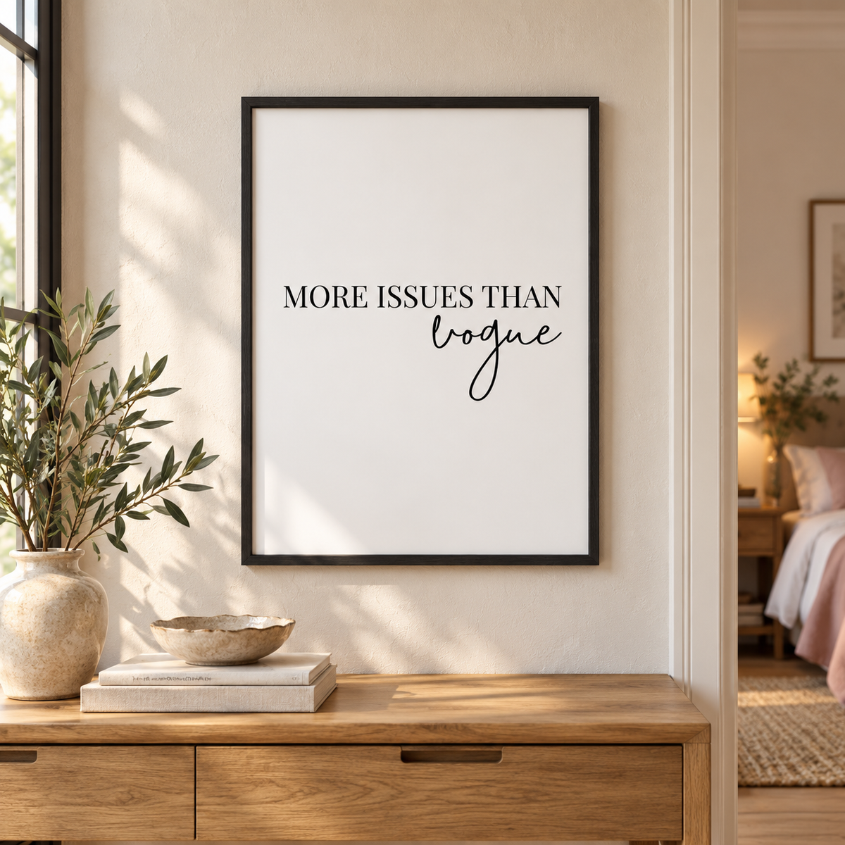 More Issues Than Vogue Print — wider room setting, black oak frame