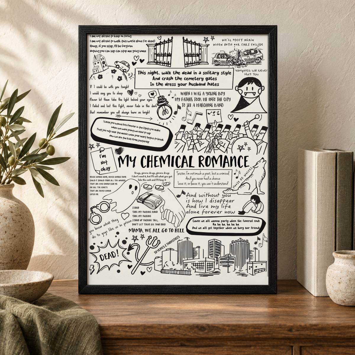 My Chemical Romance Lyric Album Print — close lifestyle view, black oak frame