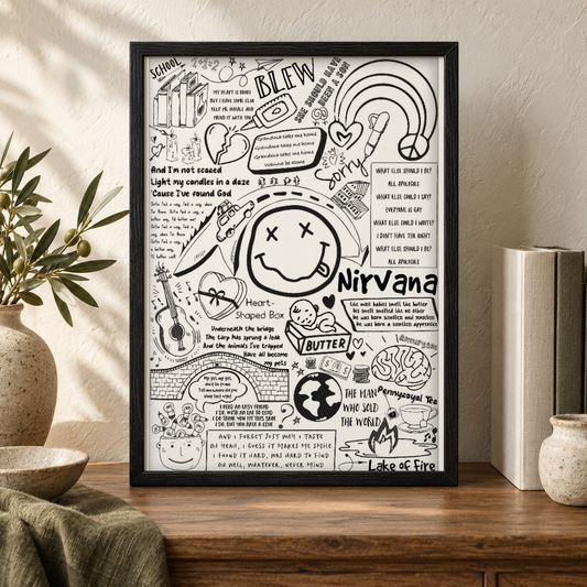 Nirvana Song Lyric Album Print — close lifestyle view, black oak frame