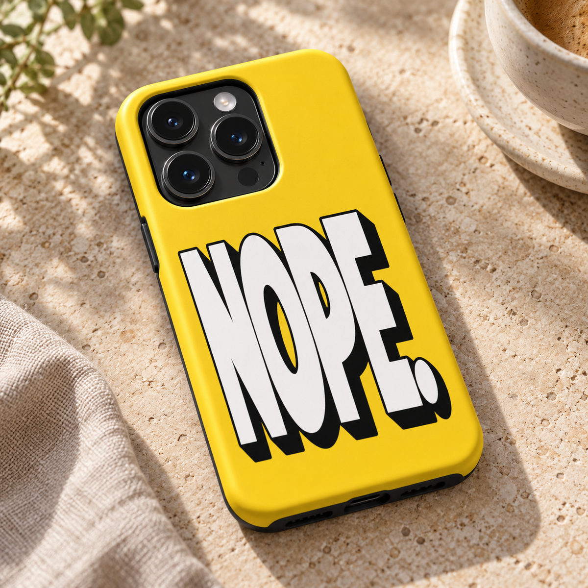 Nope. Original Protective Case, matte, on iPhone 15 Pro in an illustrative lifestyle setting.