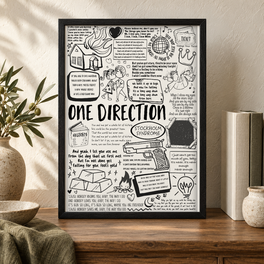 One Direction Album Print — close lifestyle view, black oak frame