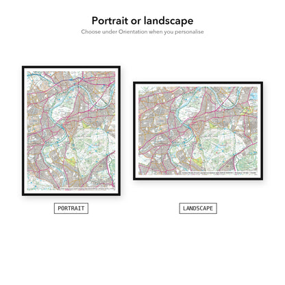 Custom OS map print shown in portrait and landscape - choose under Orientation