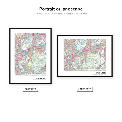 Personalized OS map print shown in portrait and landscape - choose under Orientation