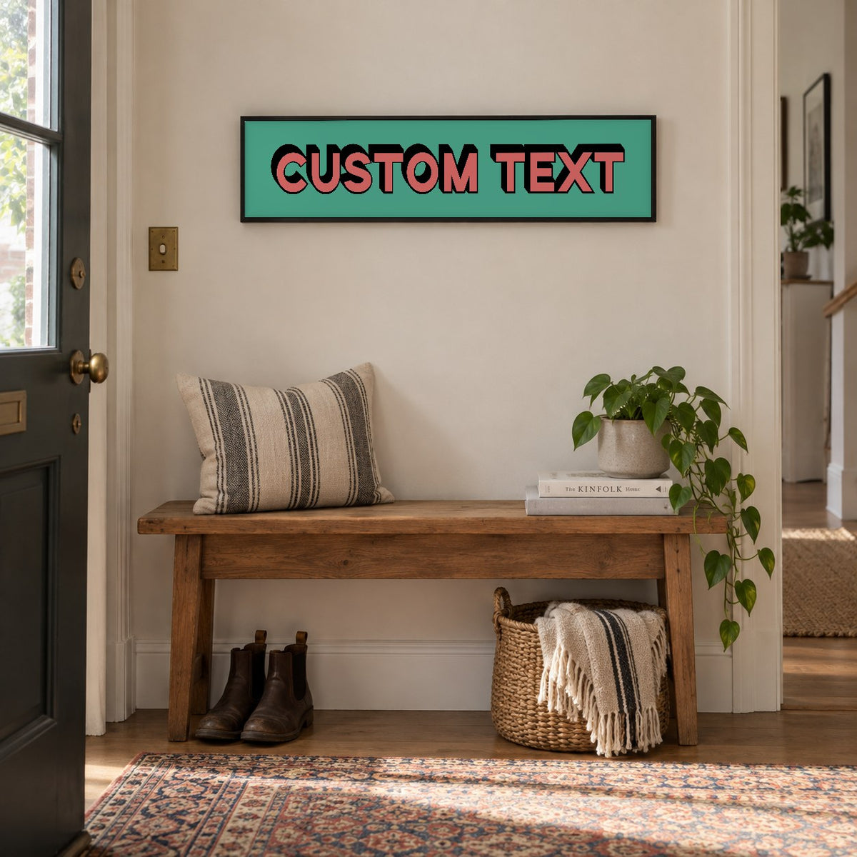 Personalised Bold Text panoramic print in a black frame in a room setting