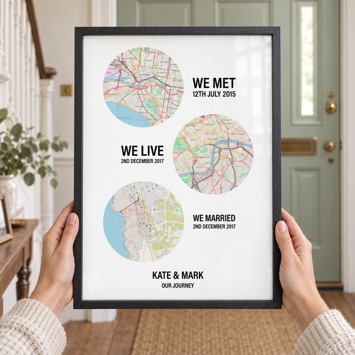 Personalized Couple Location Maps Print - close lifestyle view