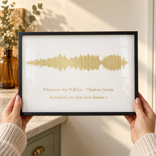 Personalized Gold Foil Favourite Song Sound Wave Print — close lifestyle view
