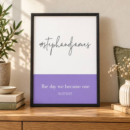 Personalized Hashtag Wedding Print — close lifestyle view, black oak frame
