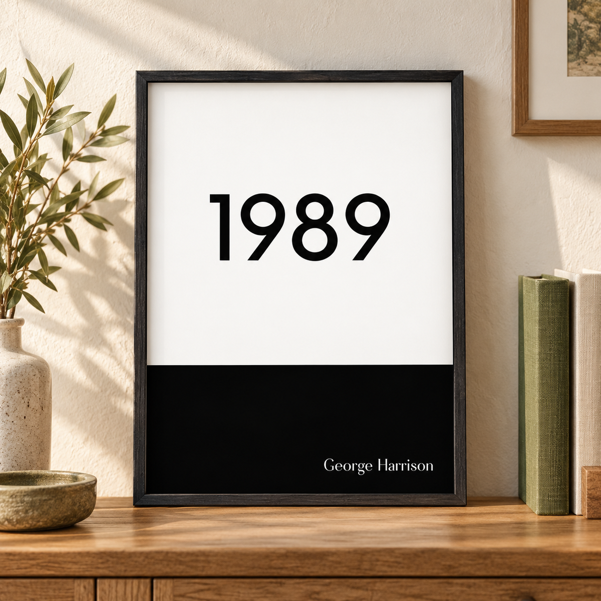 Personalized Typographic Year Print — close lifestyle view, black oak frame