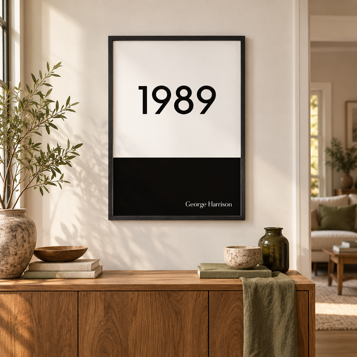 Personalized Typographic Year Print — wider room setting, black oak frame