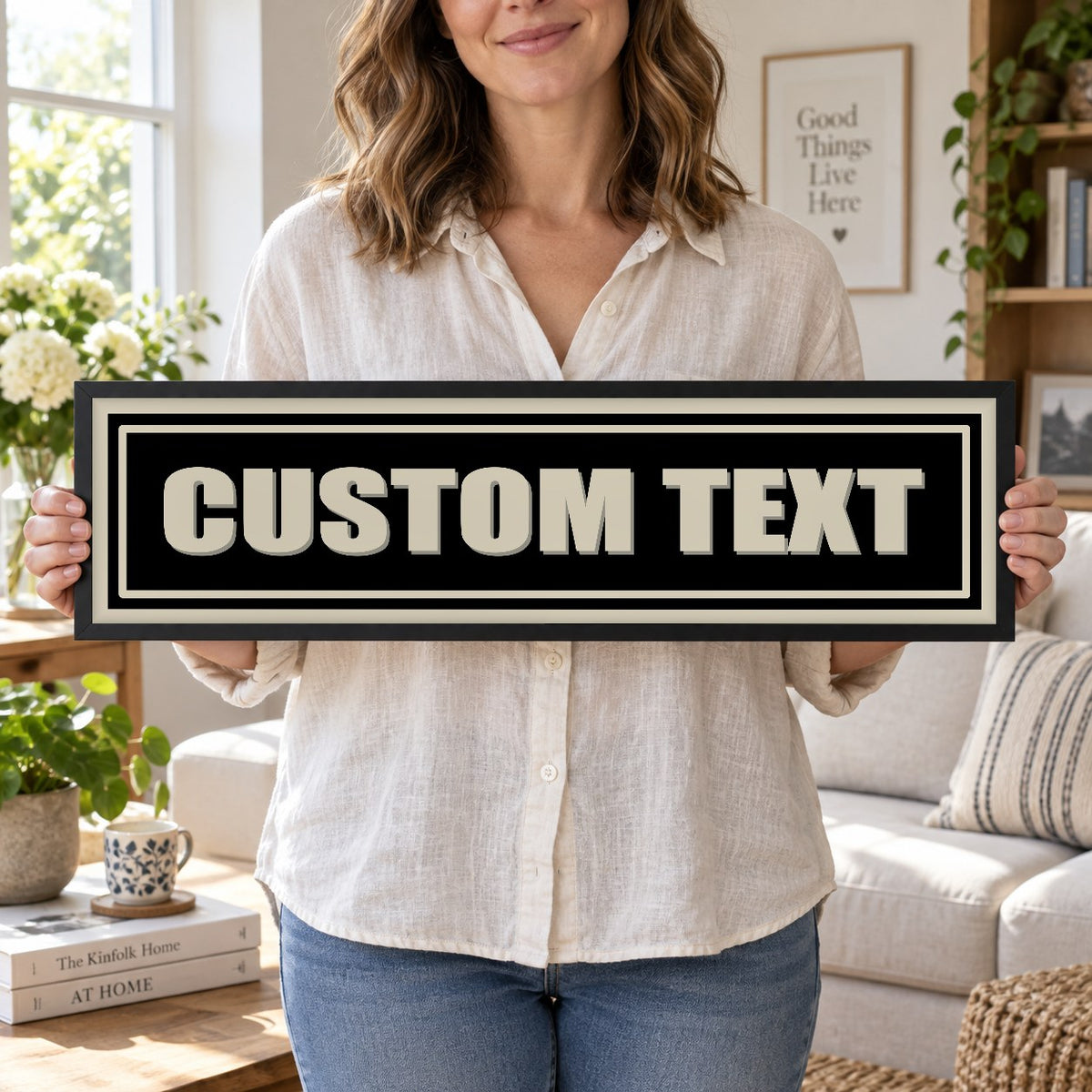 Personalised Vintage Sign panoramic print in a black frame in a room setting
