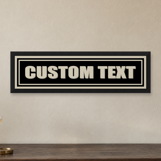 Personalized Vintage Sign Panoramic Print — close lifestyle view, matt black wood