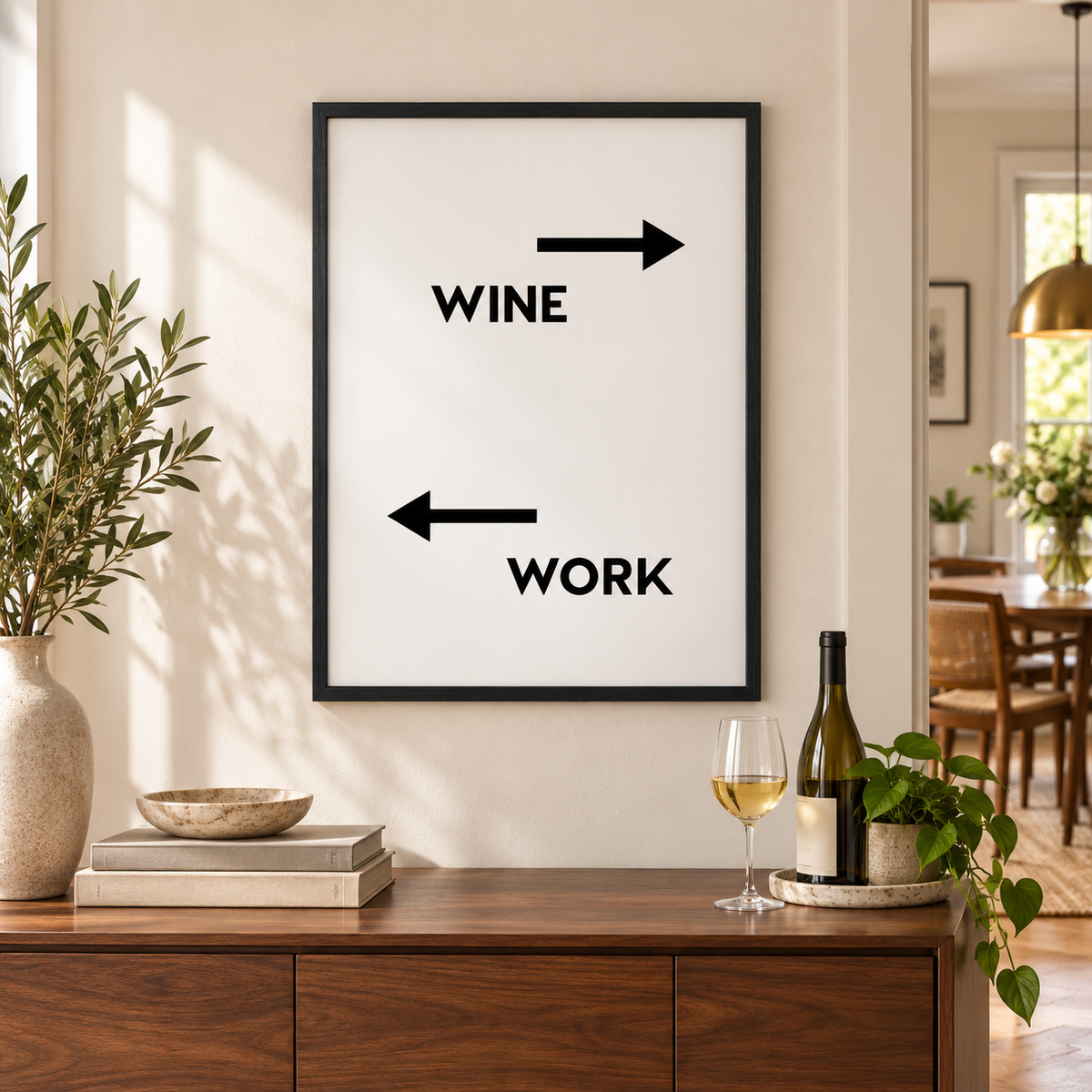 Personalized Drink Work Direction Print — wider room setting, black oak frame
