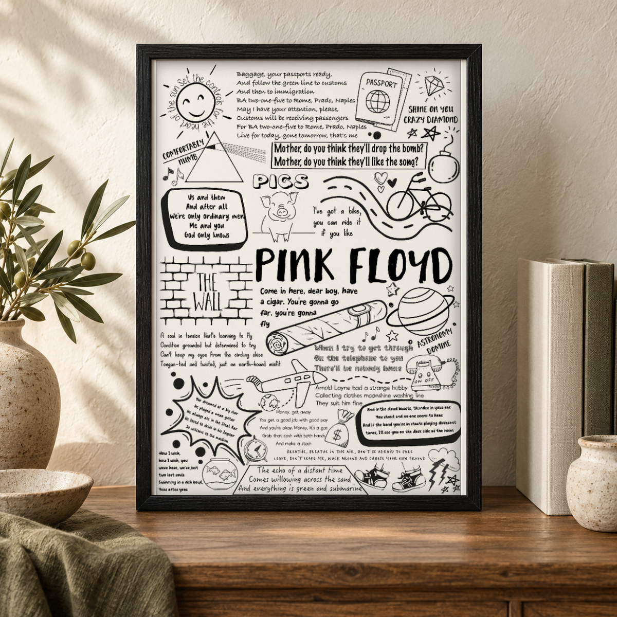 Pink Floyd Album Print — close lifestyle view, black oak frame