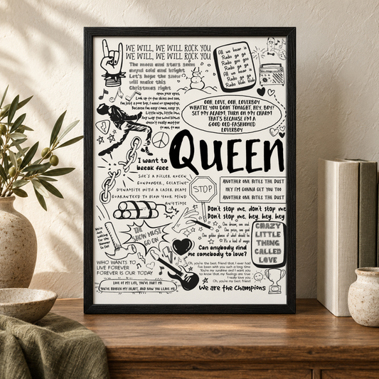 Queen Lyric Album Print — close lifestyle view, black oak frame