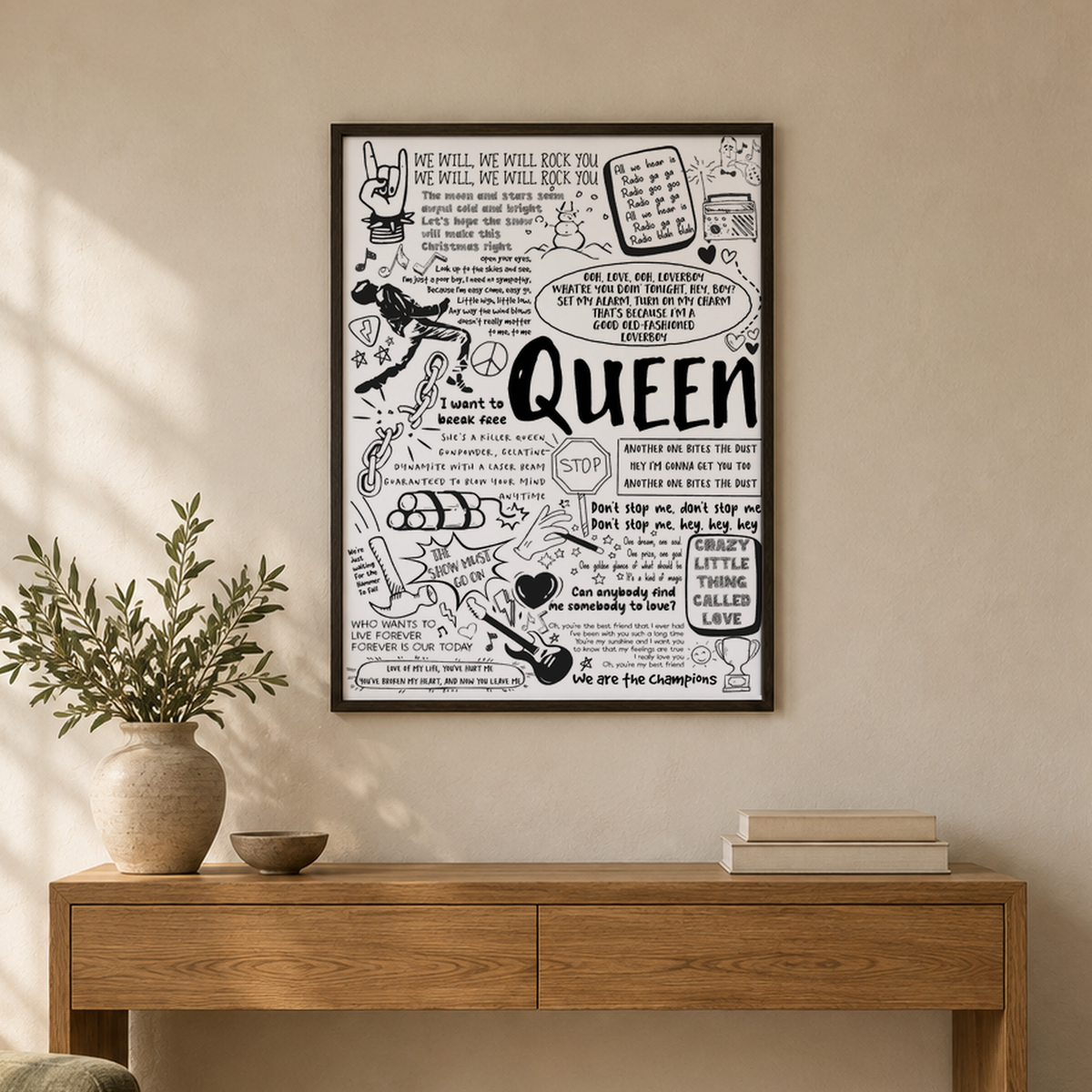 Queen Lyric Album Print — wider room setting, black oak frame