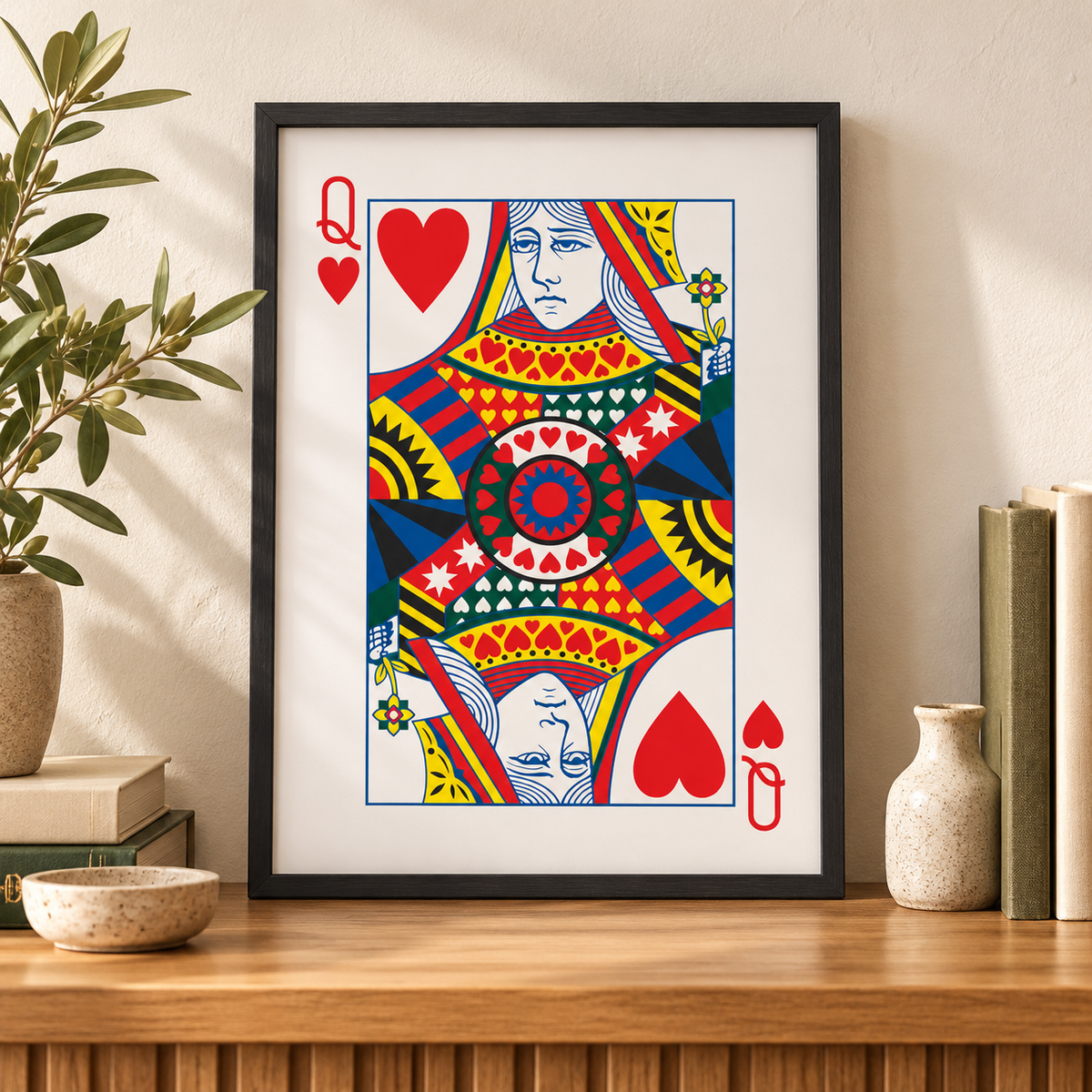 Queen Of Hearts Print — close lifestyle view, black oak frame