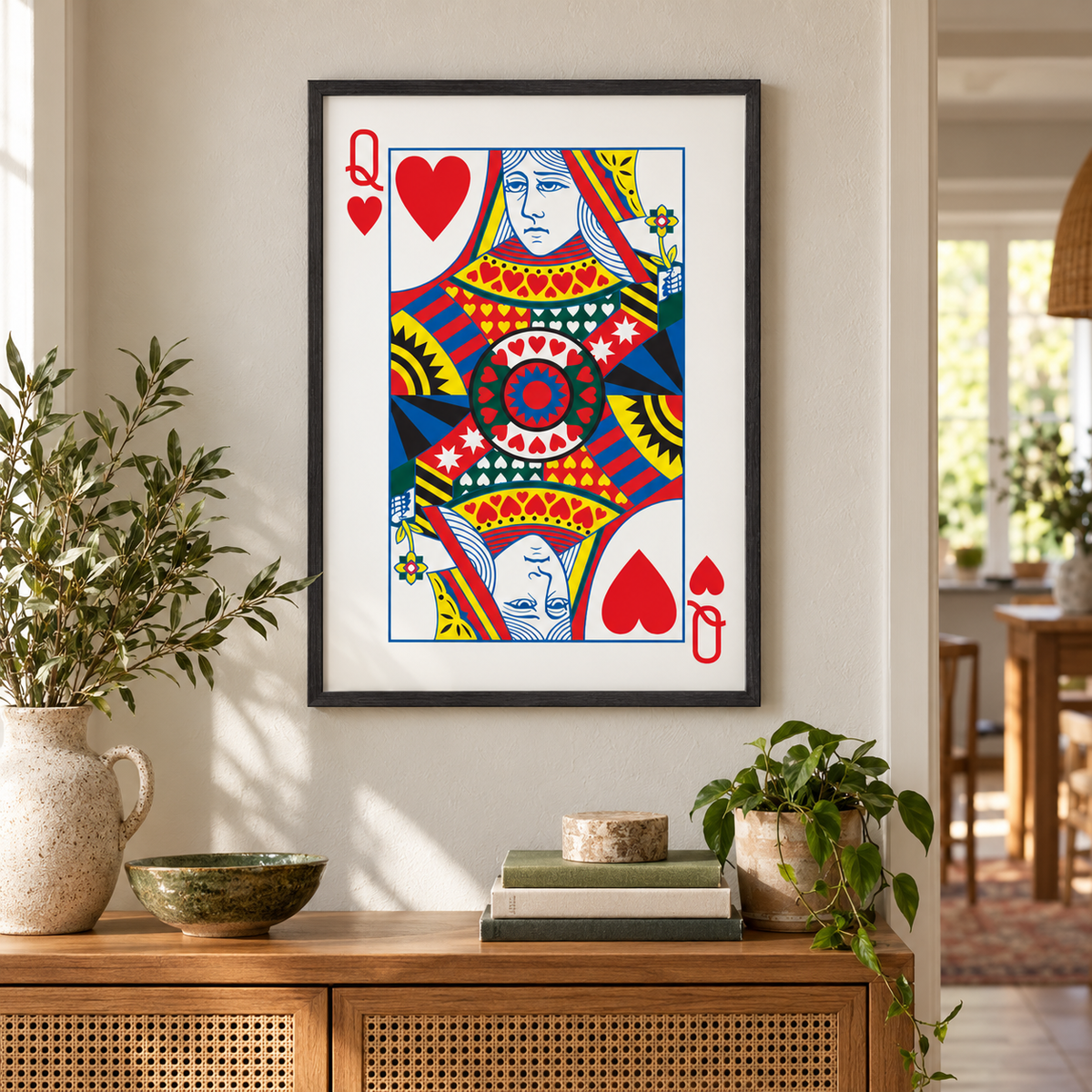 Queen Of Hearts Print — wider room setting, black oak frame