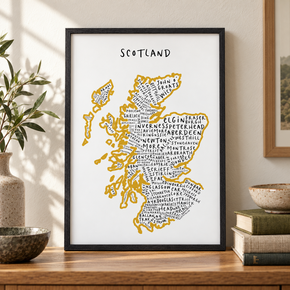 Scotland Typography Map Print — close lifestyle view, black oak frame