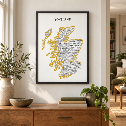 Scotland Typography Map Print — wider room setting, black oak frame
