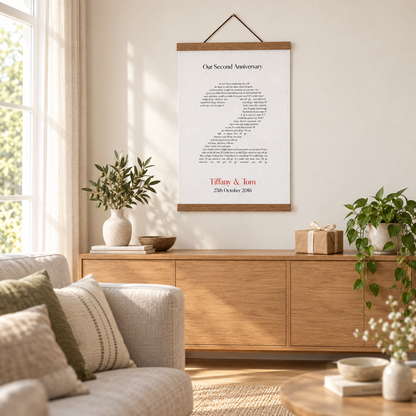 Personalised Second Anniversary Song Lyrics Cotton Canvas Print - wider lifestyle view