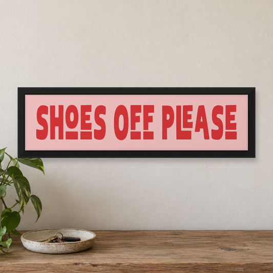 Shoes Off Please Panoramic Print — close lifestyle view, matt black wood