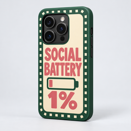 Social Battery: 1% Original Protective Case, matte, on iPhone 15 Pro. Digital product preview.