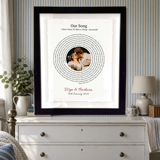 Personalised Song Lyrics Photo Print Float Mounted Frame — close lifestyle view