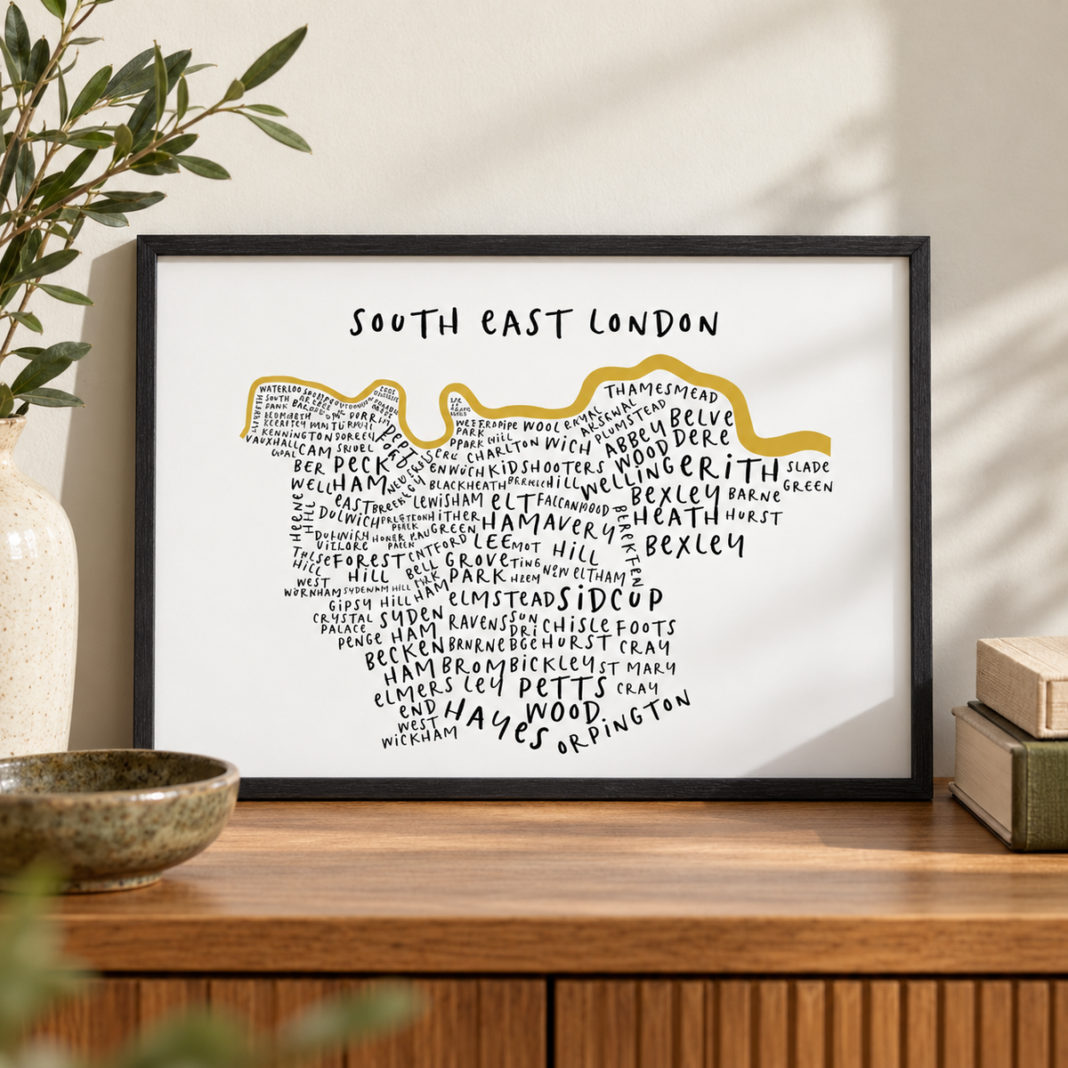 South East London Typography Map Print — close lifestyle view, black oak frame
