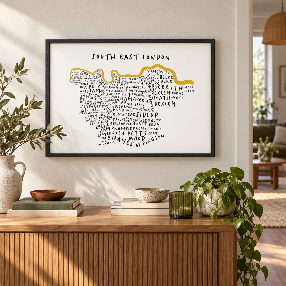South East London Typography Map Print — wider room setting, black oak frame