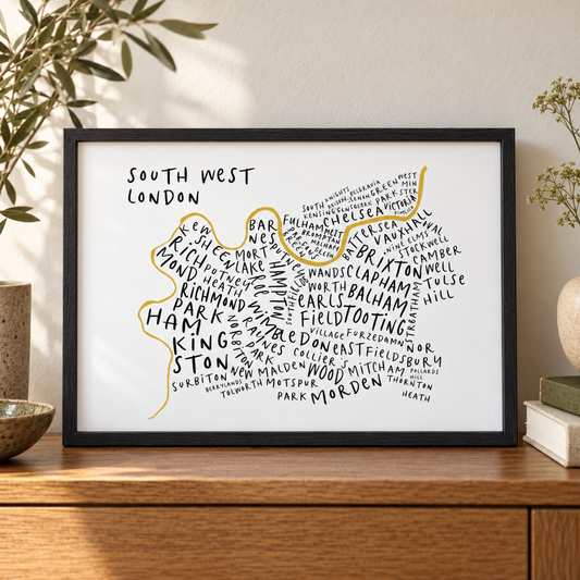 South West London Typography Map Print — close lifestyle view, black oak frame