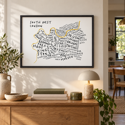 South West London Typography Map Print — wider room setting, black oak frame