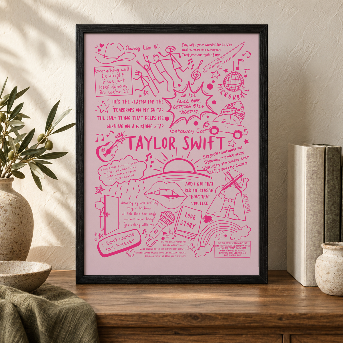 Taylor Swift Lyric Album Print — close lifestyle view, black oak frame