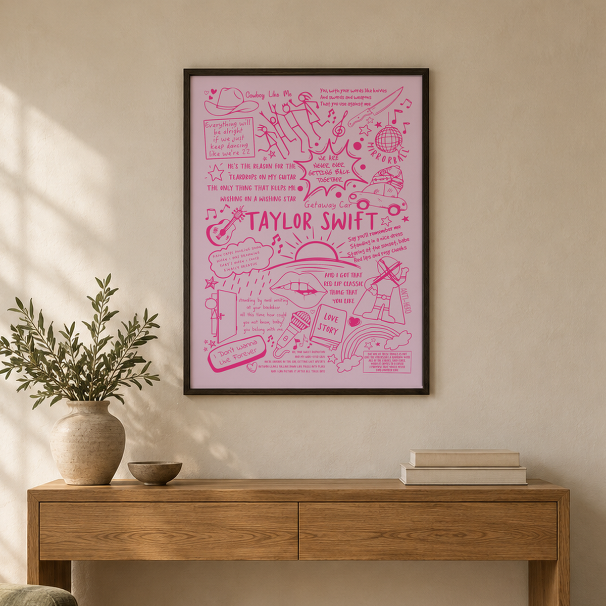 Taylor Swift Lyric Album Print — wider room setting, black oak frame
