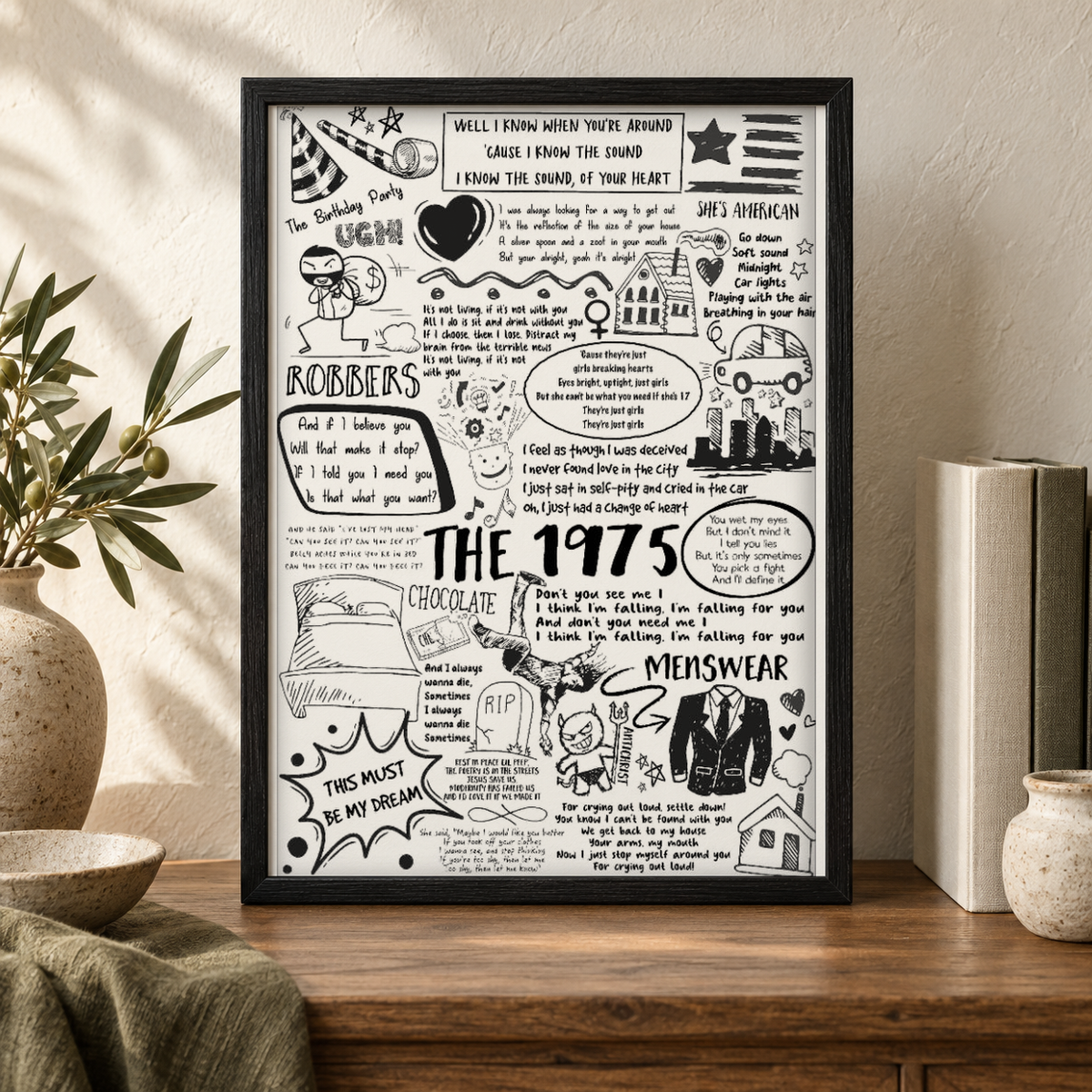 The 1975 Song Lyric Album Print — close lifestyle view, black oak frame